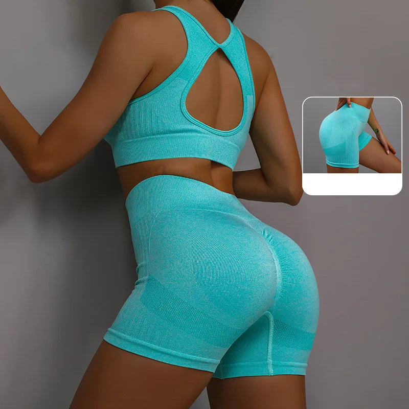 Women’s Yoga Set – Seamless Sports Bra Shorts Workout Fitness Suit