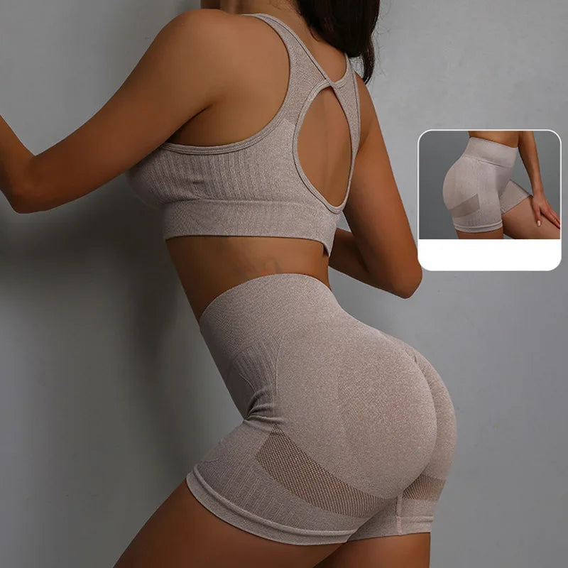 Women’s Yoga Set – Seamless Sports Bra Shorts Workout Fitness Suit