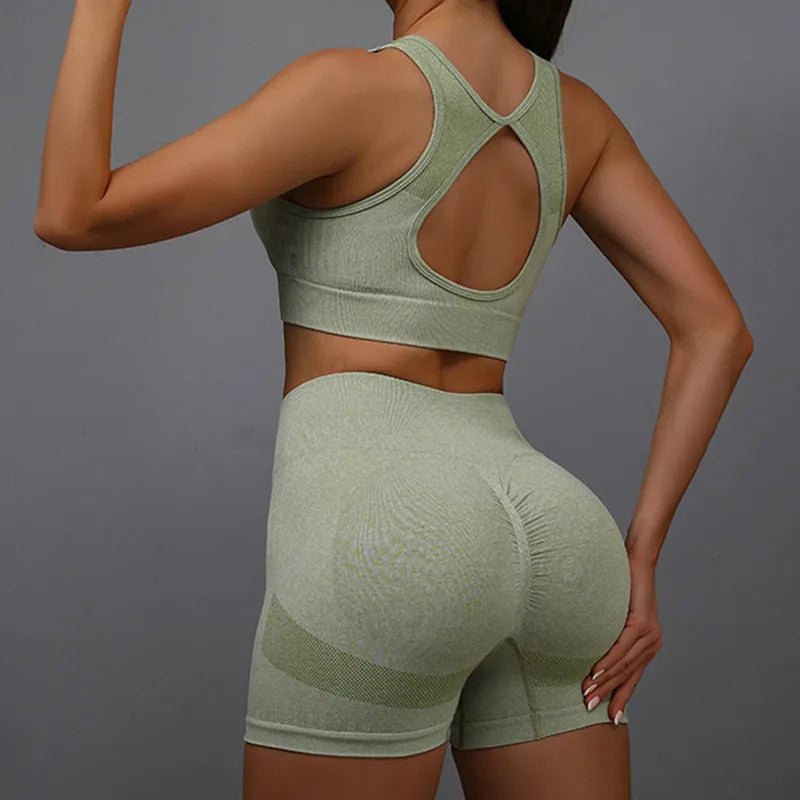 Women’s Yoga Set – Seamless Sports Bra Shorts Workout Fitness Suit